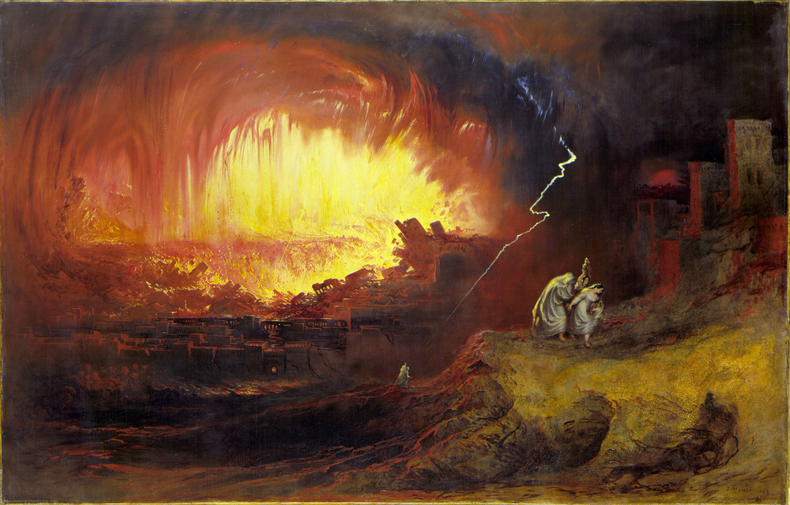 Quadro intitulado The Destruction of Sodom and Gomorrah, de John Martin, 1852. Ilustra a destruição das cidades de Sodoma e Gomorra por Deus com fogo e enxofre caídos do céu, conforme o relatado bíblico de Gênesis.
