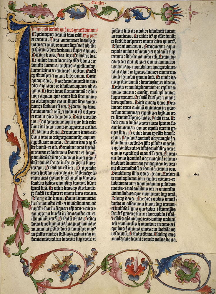 Página de Gênesis da Bíblia de Gutemberg, primeira grande livro impresso com tipos móveis no Ocidente.
