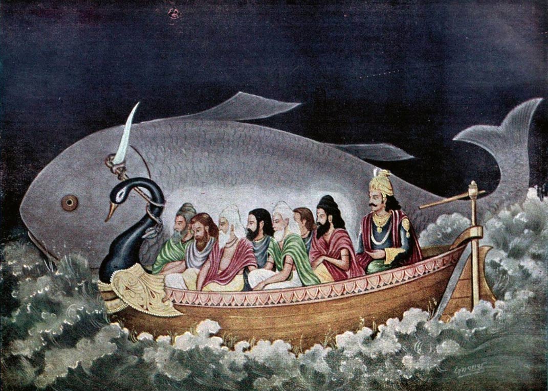 Na mitologia hindu, textos como o Satapatha Brahmana mencionam a história purânica de um grande dilúvio, em que o Matsya, o avatar do deus Vishnu, adverte o primeiro homem, Manu, sobre um dilúvio iminente e também aconselha-o a construir um barco gigante.
