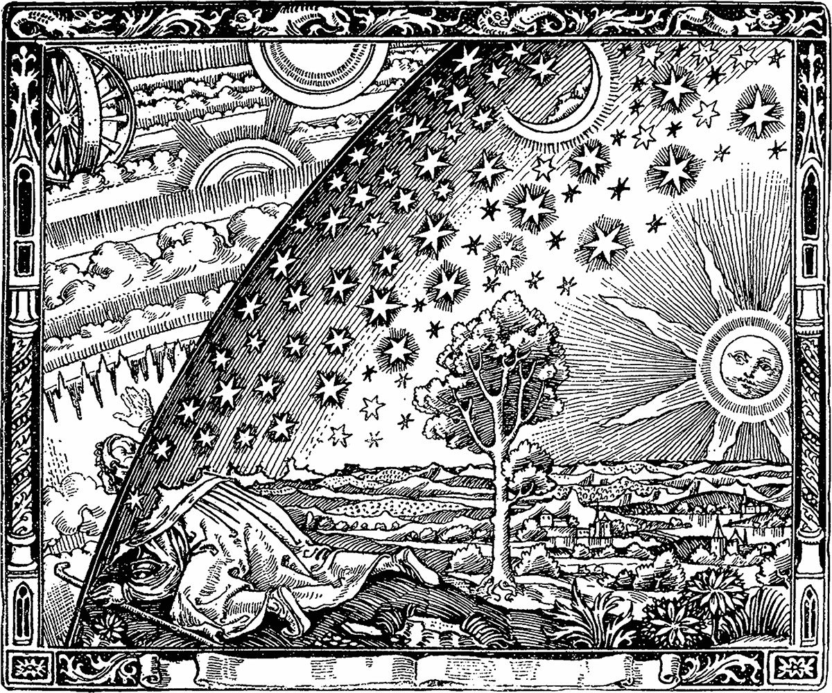 Gravura intitulada Flammarion, de 1888. Mostra um viajante que chega à beira da Terra, retratando a antiga crença de que a Terra era plana.
