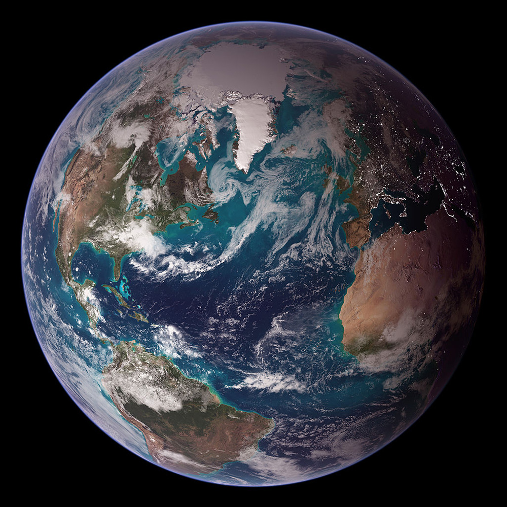 Representação contemporânea da Terra, obtida através da combinação de diversas tecnologias de captura de imagem.
