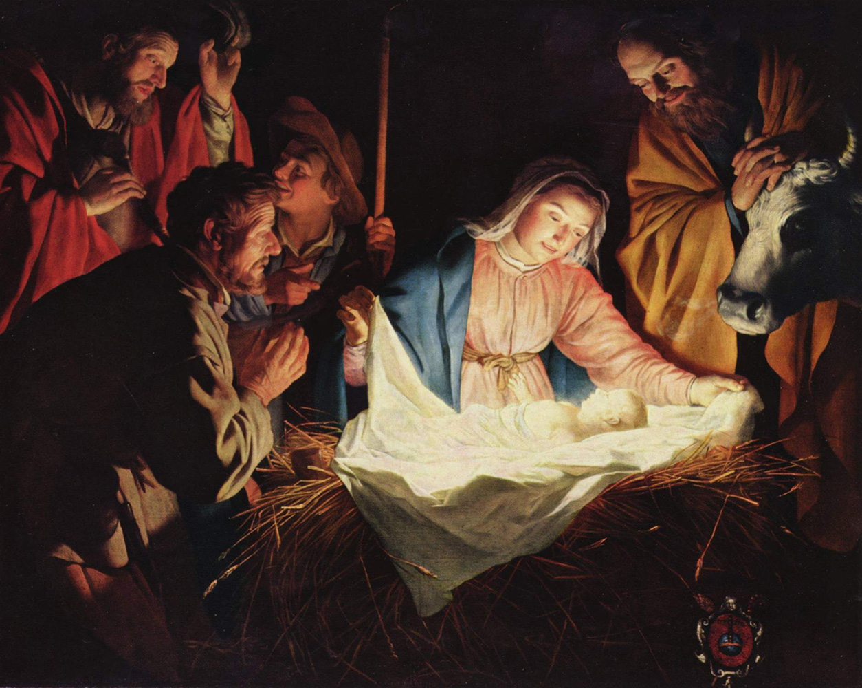 Pintura Adoração dos Pastores, de Gerard van Honthorst, 1622. Ilustra o nascimento do Messias.
